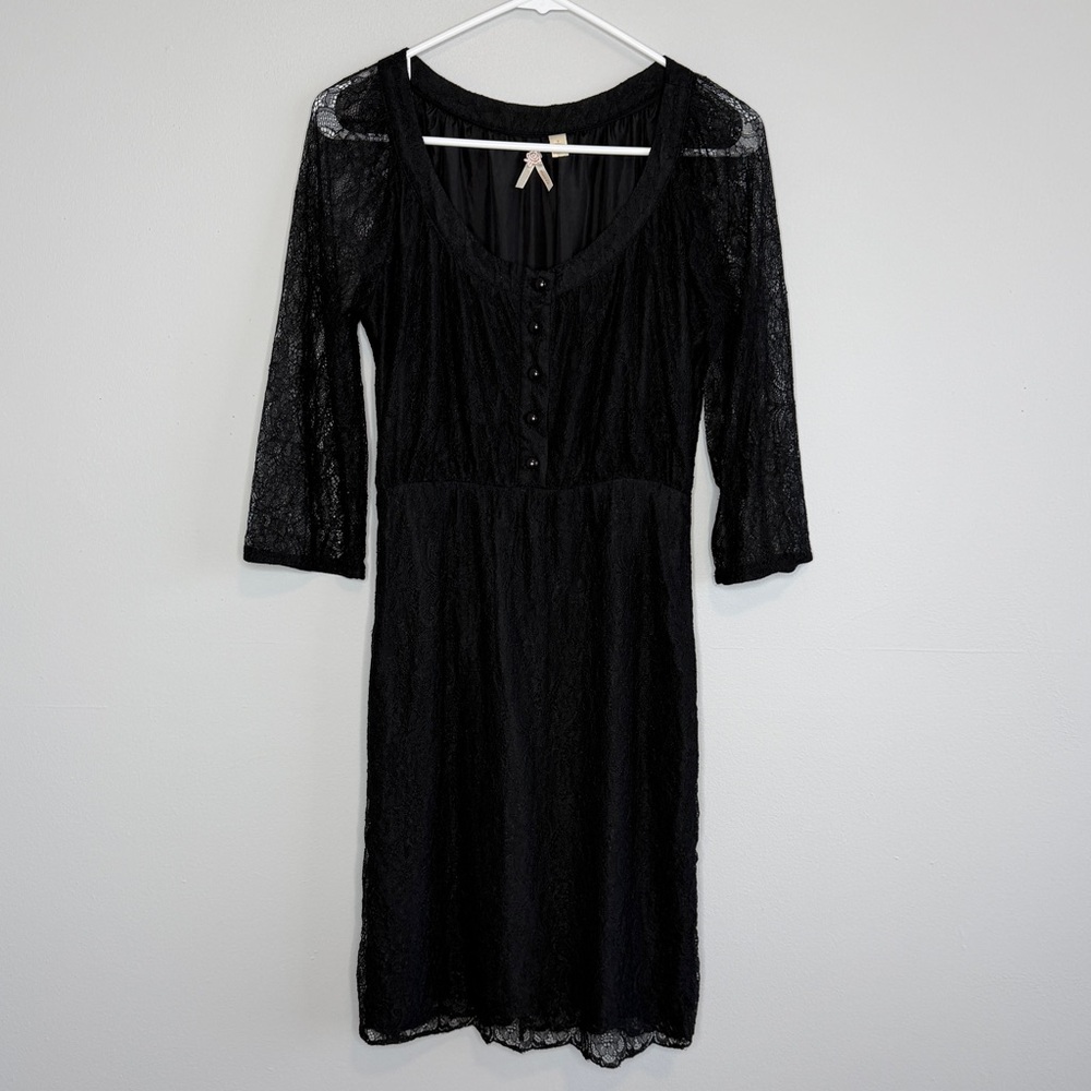 Maeve Black Lace Dress 2 3/4 Sleeves Silk Lining NO BELT Whimsigoth Party Anthro